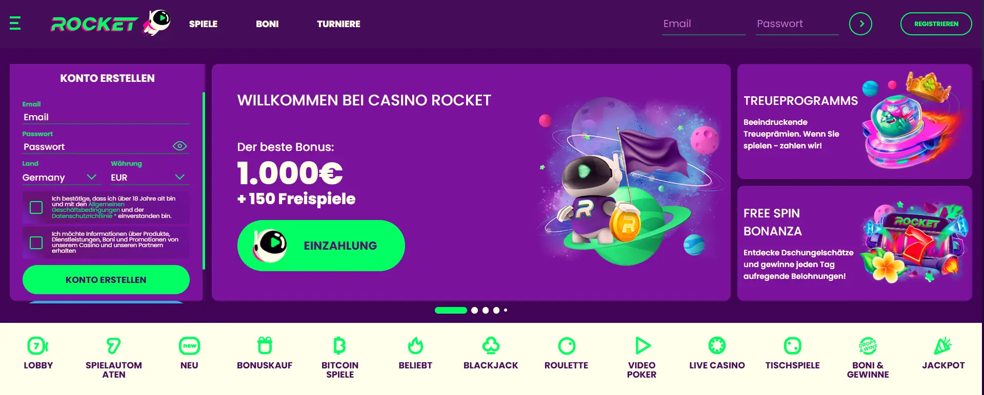 Die Spiellobby von Casino Rocket